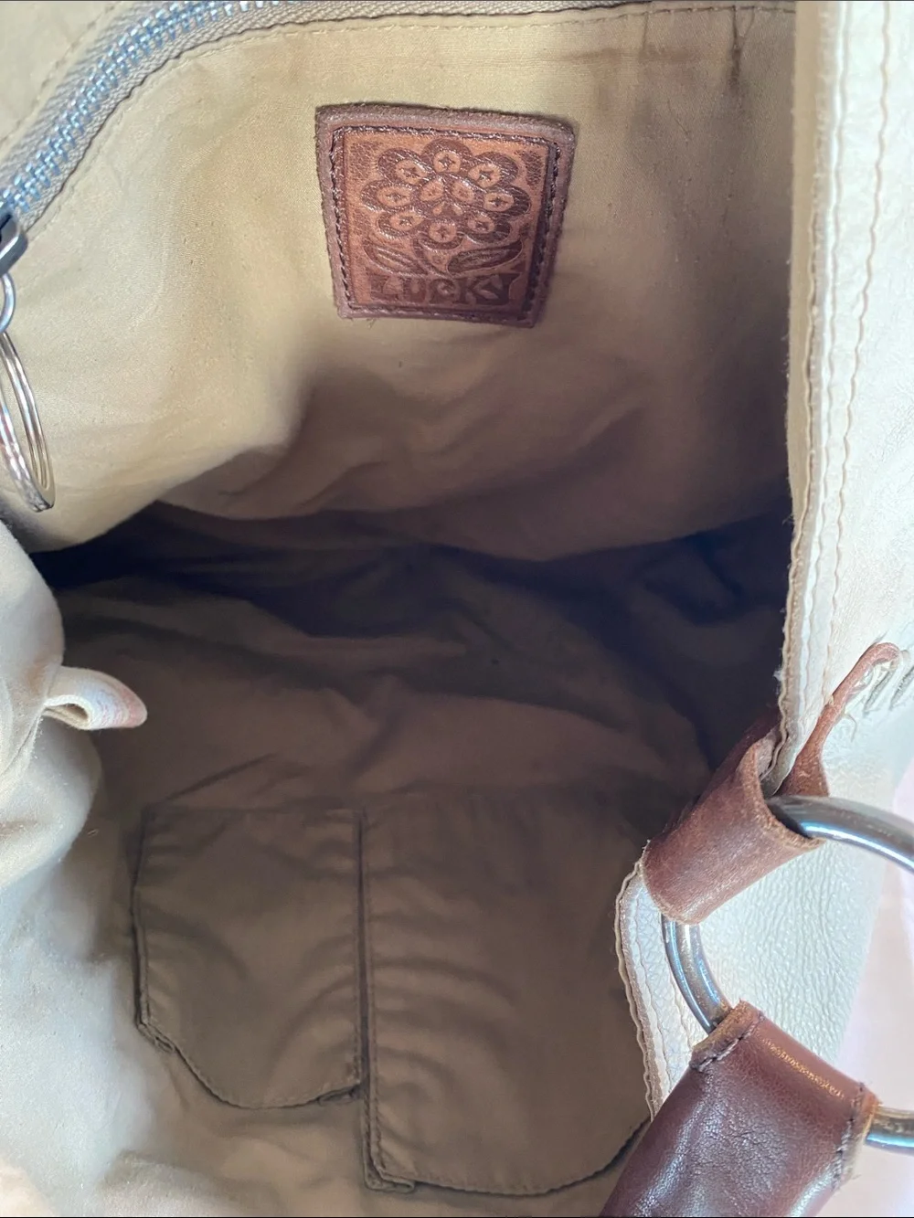 Lucky Brand Leather Hobo Shoulder Bag in Cream with Brown Handle